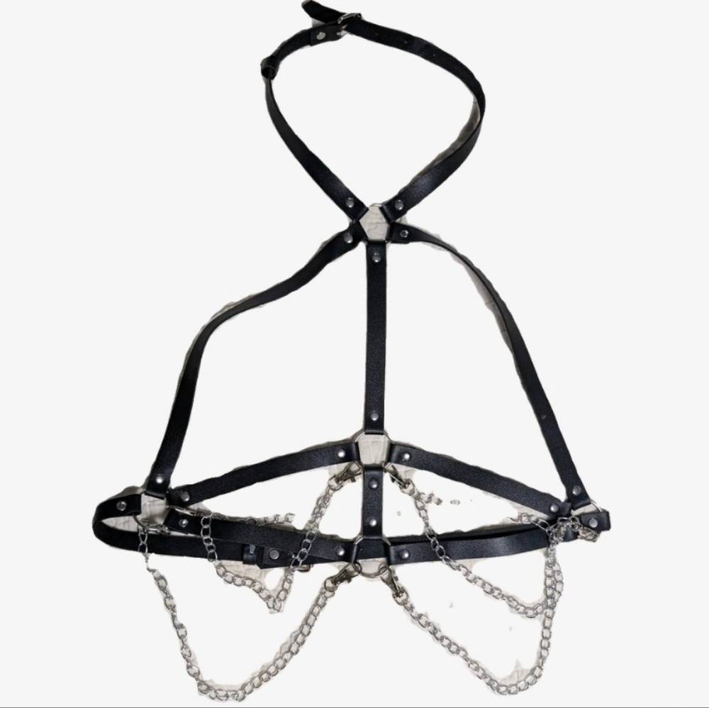 Black Faux Leather Harness with Silver Chains